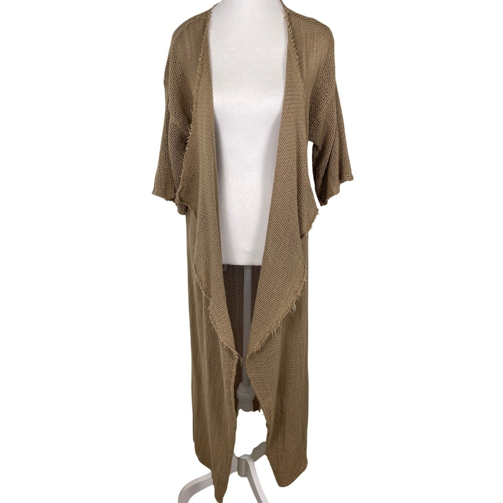 Milio-Milano Duster Cardigan Womens M Tan Very Good Mesh Open Knit Short‎ Sleeve